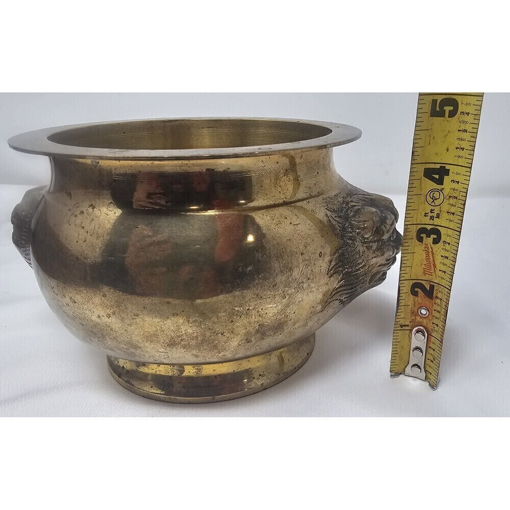 Vtg Solid Brass Foo Dog Lion Head Asian Cauldron Censer Incense Planter Heavy - Picture 9 of 13